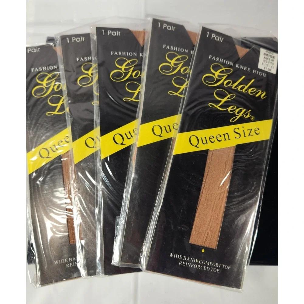 NEW Vintage Lot of 5 QUEEN Golden Legs‎ Fashion Knee High Beige 100% Nylon NY